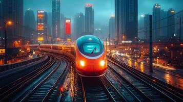 A sleek maglev train moves swiftly along the tracks in a vibrant urban environment as rain falls. Skyscrapers light up the backdrop, creating a dynamic atmosphere. photo