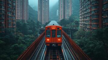 A bright orange subway train moves along elevated tracks in a dense urban area, flanked by high rise buildings and rich greenery, creating a unique blend of nature and infrastructure. photo
