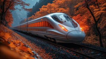 A sleek, futuristic high speed train travels along a railway surrounded by bright autumn leaves. The scene captures the essence of mobility and modern transportation technology. photo