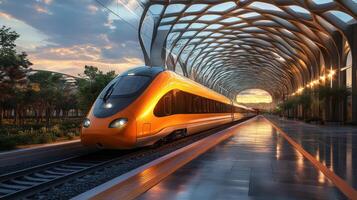A sleek high speed train awaits departure at a contemporary railway station with distinctive architecture under a colorful sky at dusk. Automated systems enhance mobility. photo