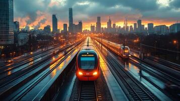 A sleek, modern train moves towards a bustling urban station as sunset casts vibrant colors in the sky while city lights begin to illuminate the skyline in the background. photo