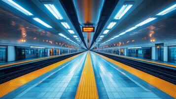 A bustling urban subway station highlights expansive platforms with bright artificial lighting. Commuters await trains in a structured and automated transportation hub during peak hours. photo