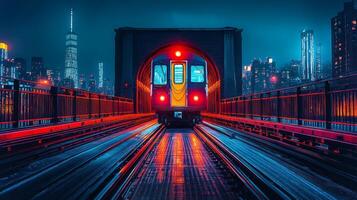 A subway train enters a bridge under illuminated city lights at night. The scene highlights transportation and urban mobility against a backdrop of skyscrapers. photo