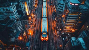 A highspeed train moves swiftly along railway tracks surrounded by towering buildings in an urban setting during twilight, highlighting modern logistics and mobility systems. photo