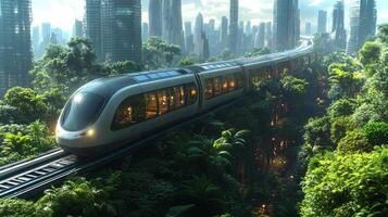 A futuristic subway train smoothly travels along elevated tracks surrounded by dense greenery, seamlessly integrating nature with modern urban infrastructure in a vibrant city setting. photo