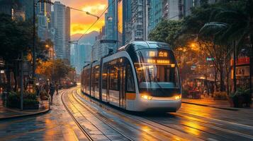 Automated tram travels along a gleaming track through a vibrant urban landscape as the sun sets, casting warm colors on surrounding buildings and palm trees. photo