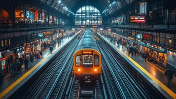 A subway train approaches the station while commuters wait on the platform, creating a lively atmosphere in a busy urban environment. The architecture of the station showcases modern infrastructure. photo