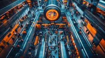 A crowded metro station filled with commuters navigating escalators under bright, modern lighting. The atmosphere is dynamic, showcasing urban mobility and transportation infrastructure. photo