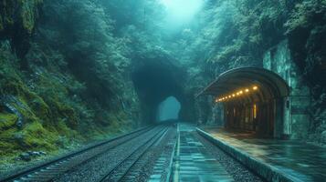 A subway platform stands in a serene mountain setting, surrounded by dense foliage and fog, with tracks leading into a tunnel. Soft lighting enhances the tranquil mood. photo