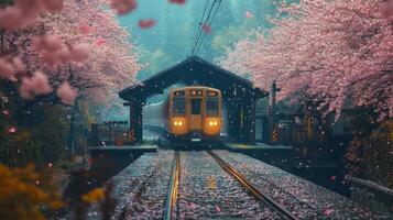 A commuter train approaches a quaint station framed by vibrant cherry blossoms, creating a picturesque atmosphere during the spring season amidst urban transportation. photo