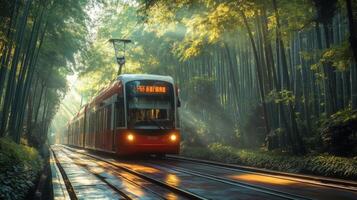 A bright red tram travels along tracks surrounded by vibrant green bamboo trees, illuminated by soft morning light. The serene environment emphasizes urban mobility. photo