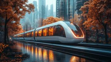 A sleek maglev train moves quietly along its tracks, surrounded by vibrant autumn trees and towering modern buildings, creating a seamless blend of nature and technology. photo