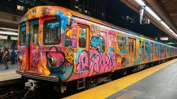 A colorful subway train stands at a bustling city station, adorned with intricate graffiti art. Commuters wait nearby on the platform, highlighting urban mobility at night. photo