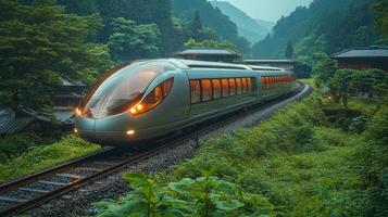 A sleek maglev train moves smoothly along its track, surrounded by vibrant greenery and traditional structures, as twilight casts a serene glow over the landscape. photo