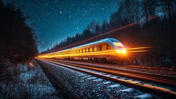 A high speed train speeds along railway tracks surrounded by snowy terrain under a vibrant starry night. The train emits bright light as it moves swiftly, creating a sense of motion. photo