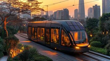 A sleek automated transit vehicle stands ready for evening commuters against a backdrop of towering skyscrapers and warm sunset colors, highlighting urban mobility solutions. photo