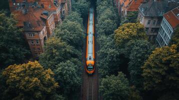 A high speed train glides through a lush corridor of trees, flanked by urban buildings, illustrating efficient transportation in a city environment. photo