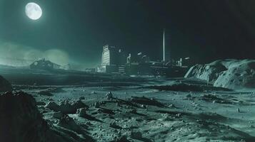 This Asteroid landscape features a refinery engaged in regolith extraction illuminated by moonlight. photo