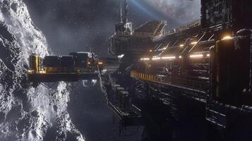 This futuristic refinery facility operates on an asteroid, extracting valuable regolith for processing. photo