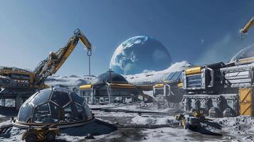 This Construction of an extraction refinery for regolith on an asteroid with Earth visible in the sky. photo