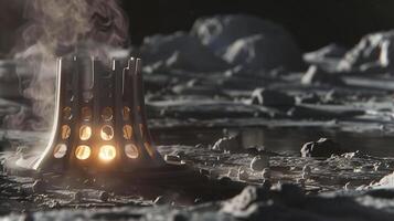 This glowing lunar extractor releasing heat and vapor, harvesting resources from the Moon's surface photo