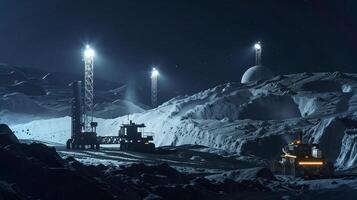 This Excavation on an asteroid is extracting regolith with machinery under bright lights. photo
