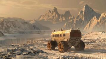 This Exploration rover navigates the rugged landscape of an asteroid, preparing for regolith extraction. photo