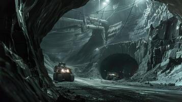 This Heavy machinery works in a dark asteroid tunnel, mining regolith for processing. photo