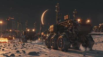 This Advanced machinery operates under a crescent moon, extracting regolith from an asteroid at night. photo
