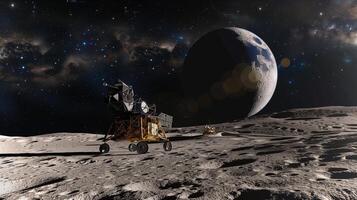 This robotic refinery extracts regolith from an asteroid against a starry backdrop. photo
