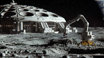 This Robotic machinery conducts asteroid regolith extraction at a lunar refinery site in the background. photo