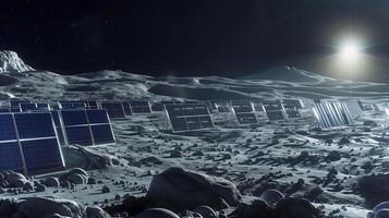 This Solar panels are arranged on an asteroid surface for regolith excavation and resource extraction. photo
