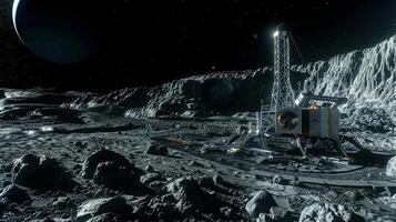 This High-tech excavation equipment operates on an asteroid, extracting valuable regolith for resources. photo