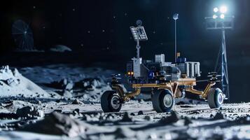 esta asteroide excavación vagabundo trabajos en el de la luna superficie, extrayendo valioso recursos desde regolito. foto