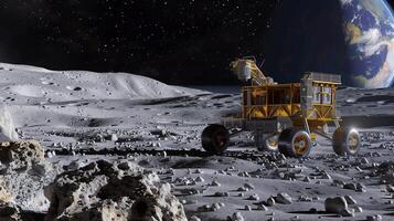This Rover processes regolith on the asteroid surface for resource extraction amidst a starry backdrop. photo
