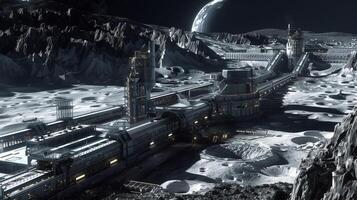 This futuristic lunar facility extracts regolith from asteroids for resource refining in deep space. photo