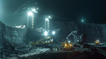 This Heavy machinery extracts regolith from an asteroid during a night excavation process. photo