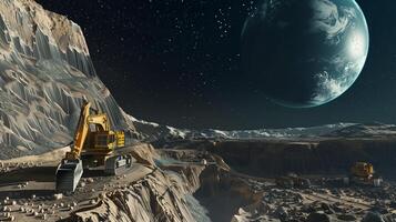 This massive excavation machine operates on an asteroid, extracting valuable regolith for processing. photo