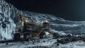This machine excavates regolith on an asteroid at night, highlighting advanced technology. photo