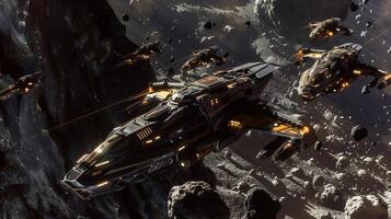 This Multiple spacecraft engage in asteroid regolith extraction for resource refinement in deep space. photo