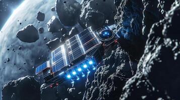 This spacecraft is engaged in regolith extraction from an asteroid for resource refinement. photo