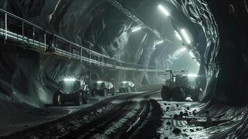 This Heavy machinery conducts regolith excavation in an illuminated asteroid mining tunnel. photo