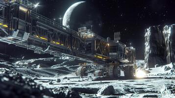 This Automated machinery excavates regolith from an asteroid's surface under lunar lighting conditions. photo