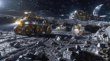 This Excavation vehicles navigate the lunar surface for regolith extraction near a refinery at night. photo