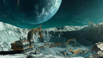 This Heavy machinery extracts regolith from an asteroid for processing and resource refinement. photo
