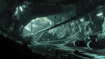 This Machines extract valuable resources from an asteroid's regolith within a dimly lit cavern. photo