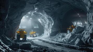 This Robots operate in a dark tunnel, extracting regolith for refining on an asteroid mining mission. photo
