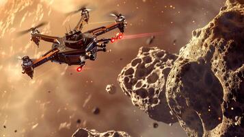 This drone performs excavation on an asteroid to extract valuable regolith for a refinery. photo