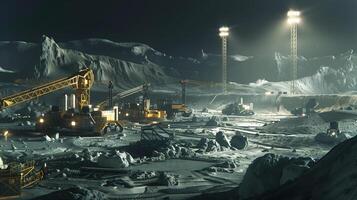 This Advanced machinery operates in a dimly lit asteroid environment, focusing on regolith extraction. photo