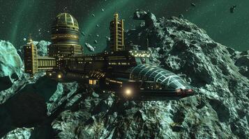 This futuristic refinery is actively excavating regolith on an asteroid in outer space. photo